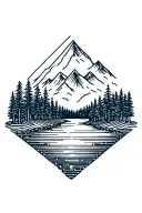 microchip circuit infused with forest with river flowing and  mountain in background  tattoo design idea