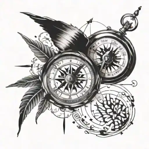 compass with letters VK embedded as a secret message, should include a sky diving piece, a gaming love design, intellect tattoo design idea