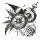 compass with letters VK embedded as a secret message, should include a sky diving piece, a gaming love design, intellect tattoo design idea