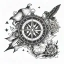 compass with letters VK embedded as a secret message, should include a sky diving piece, a gaming love design, intellect tattoo design idea