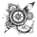 compass with letters VK embedded as a secret message, should include a sky diving piece, a gaming love design, intellect tattoo design idea