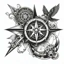 compass with letters VK embedded as a secret message, should include a sky diving piece, a gaming love design, intellect tattoo design idea