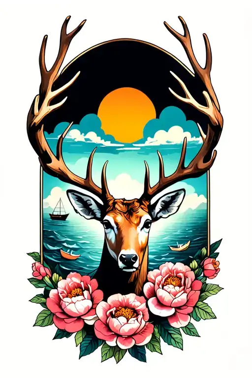 Stag head with peonies underneath, with antlers enclosing a scene - a paper boat on an ocean with clouds and a sun above tattoo design idea