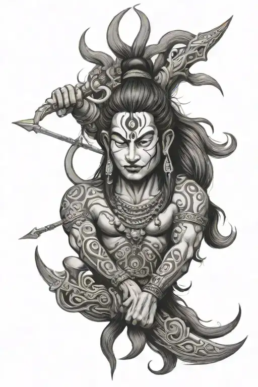 forearm tattoo of lord shiva's trident, power drum, crescent, and his bow, 768006 written, bushido code in japanese tattoo design idea