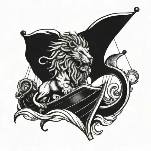 A lion roaring fiercely while sailing on a viking ship, symbolizing strength and courage in the face of sadness tattoo design idea