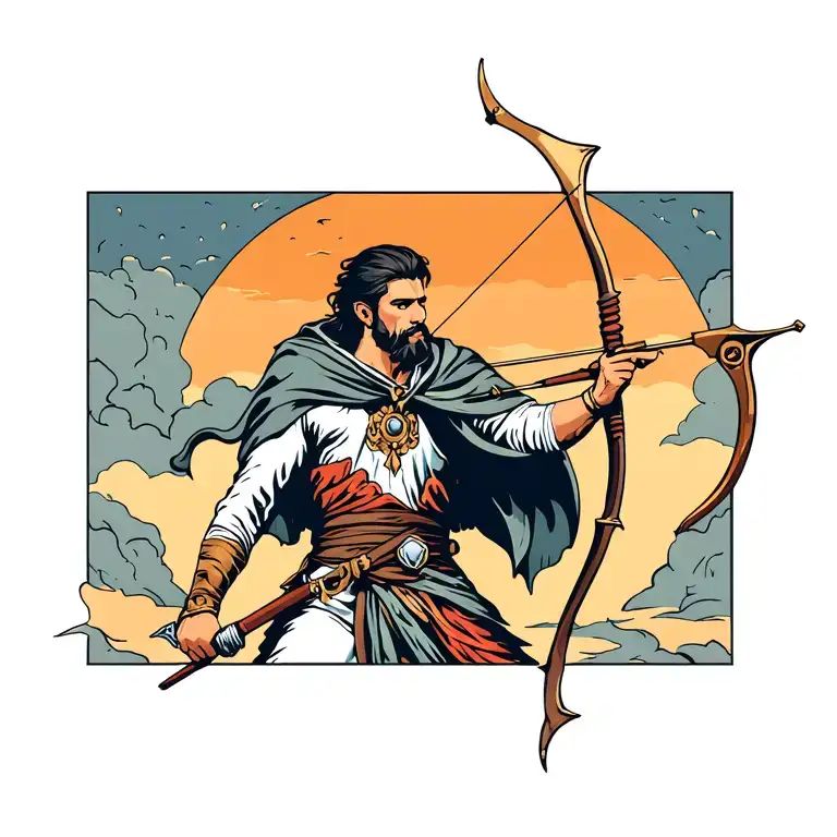 Orion the archer, with a goatee, wearing a cloak, with a short sword on his hip, reaching in his quiver for an arrow tattoo design idea