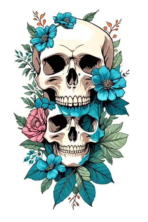 flowers intertwined skulls tattoo design idea
