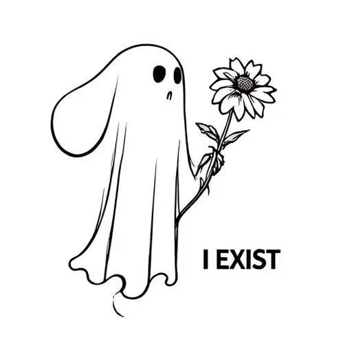Ghost holding flower. On the side it says "I EXIST". line art tattoo design idea