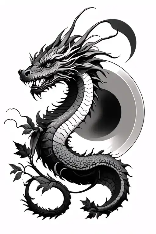 leaves moon sun dragon wrapped tattoo design idea