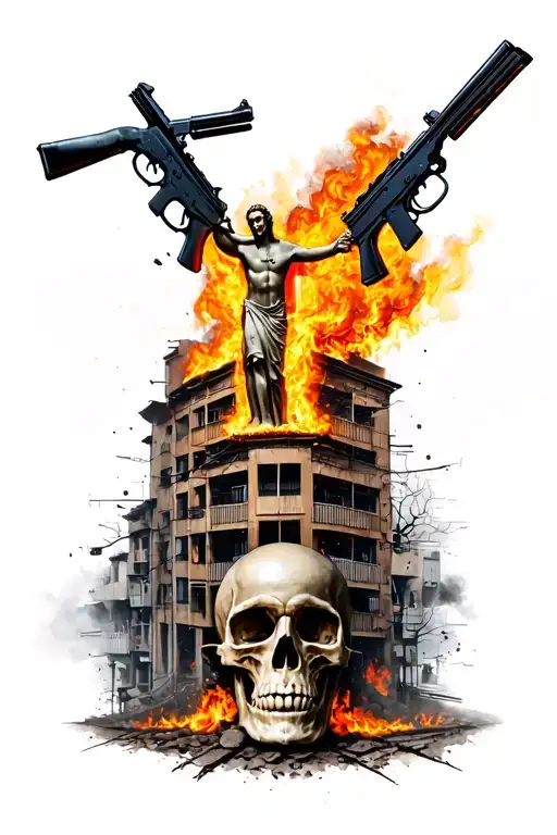 FN Fall and Steyr AUG Crossing a Skull like breaking in, Rio de Janeiro Favela on Fire BG and with christ statue on top tattoo design idea