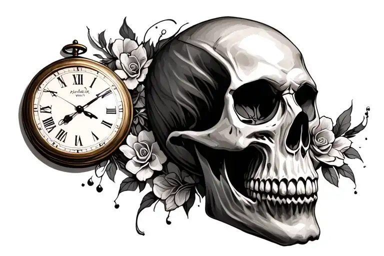 clock and skull soft shading tattoo design idea