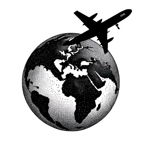 A silhouette of a plane flying over a globe, symbolizing your love for traveling, in dotwork style tattoo design idea