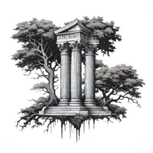 I would like a line art tattoo, representing a gothic column.A tree divided into two separate halves, where the left si tattoo design idea
