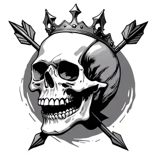 skull with crown and three arrows pointing down and left tattoo design idea