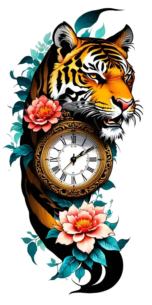 ferocious tiger head, old clock 6:02, flowers, tree of life, lightening  tattoo design idea