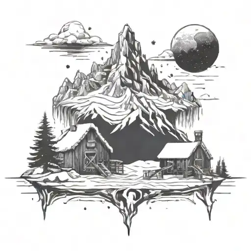 an old ice village with dark energy and big mountains  tattoo design idea