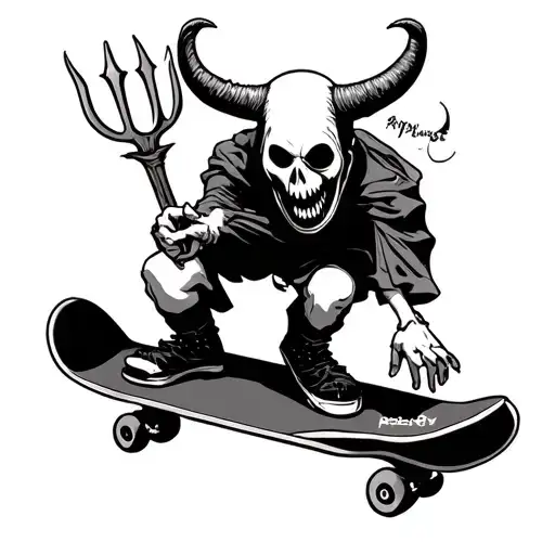 Japanese Horror tattoo style tattoo featuring a ghost on a skateboard with horns and a pitchfork tattoo design idea