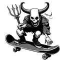 Japanese Horror tattoo style tattoo featuring a ghost on a skateboard with horns and a pitchfork tattoo design idea