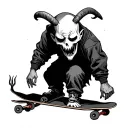 Japanese Horror tattoo style tattoo featuring a ghost on a skateboard with horns and a pitchfork tattoo design idea