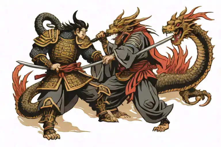 dragon fighting samurai warrior standing tattoo design idea