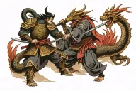 dragon fighting samurai warrior standing tattoo design idea