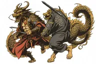 dragon fighting samurai warrior standing tattoo design idea