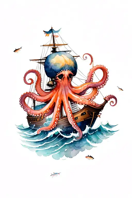Octopus over a pirate ship on choppy waves with fish tattoo tattoo design idea