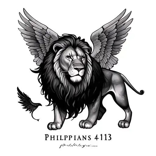 a lion , Philippians 4:13 incorporated with arc angels tattoo design idea