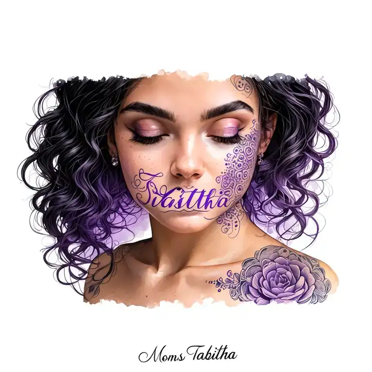 moms name tabitha on neck with purple and in a unique and different font tattoo design idea