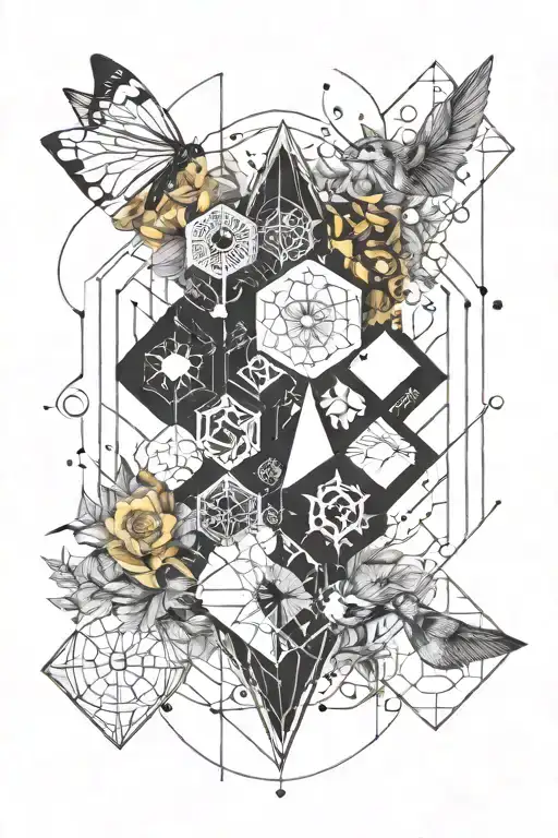 For a tattoo design that combines elements of geometry, honeycomb, horseshoe, compass, hourglass, arrow, tree and all-se tattoo design idea