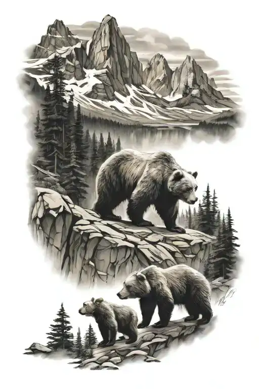 bear and cub mountain scene tattoo design idea