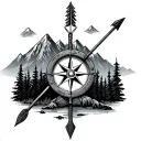 Hunting arrow compass with a forest and mountains  tattoo design idea