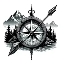 Hunting arrow compass with a forest and mountains  tattoo design idea