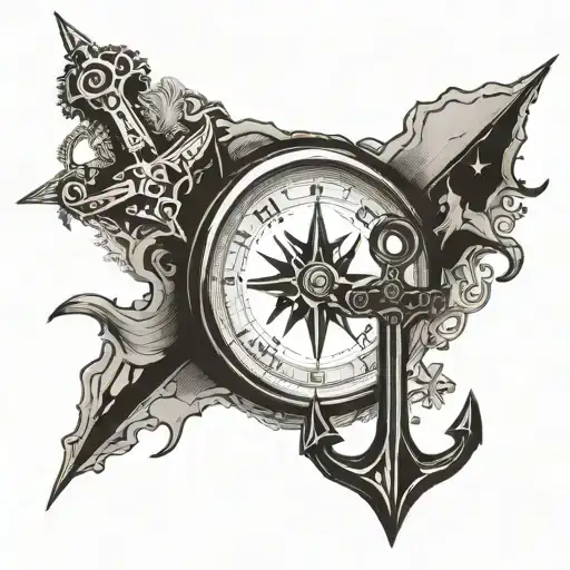 a detailed compass surrounded with an anchor and the Island of Crete tattoo design idea