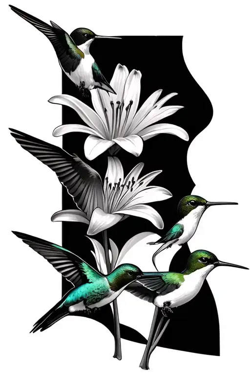 3 hummingbirds in a row in front of a lily flower blooming tattoo design idea