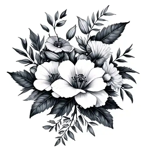bush of leaves, vegetation and various flowers tattoo design idea