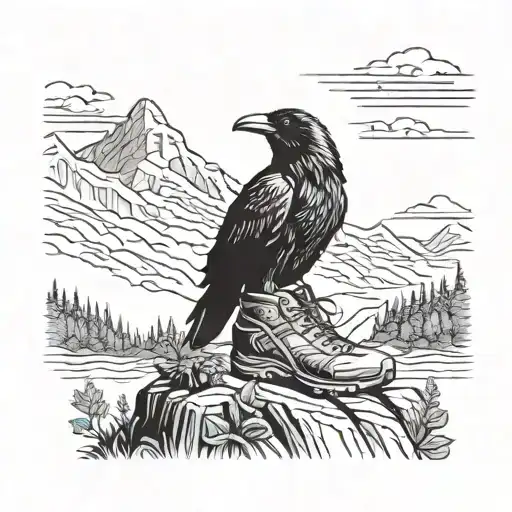 A raven perched on a hiking boot, overlooking a scenic mountain landscape tattoo design idea