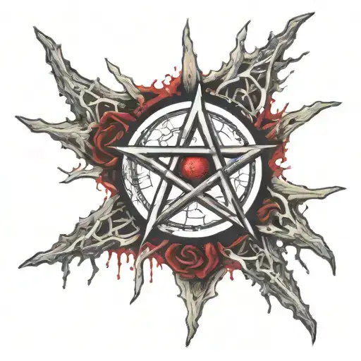 satanic pentagram, blood splatter, symbols, witchcraft, blood vessels, veins, flesh, bones tattoo design idea