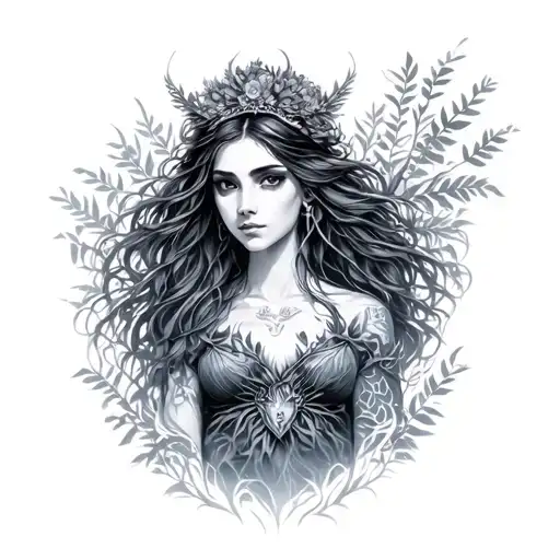 goddess Theia forest with a ford tattoo design idea