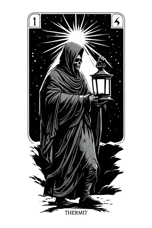 The hermit tarot card walking sideways in darkness holding illuminated lantern with rays. skull with hood with night sky tattoo design idea