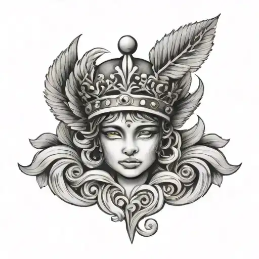 crown with heart of te fiti stone angel laying tattoo design idea
