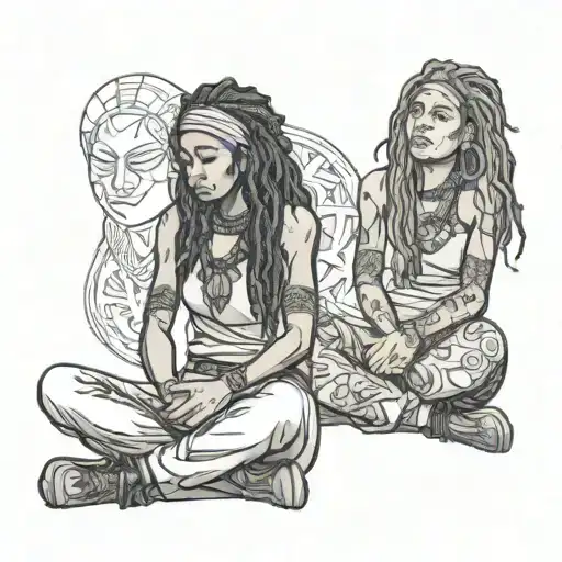 rasta women sitting cross legged pose holding two tattoo design idea