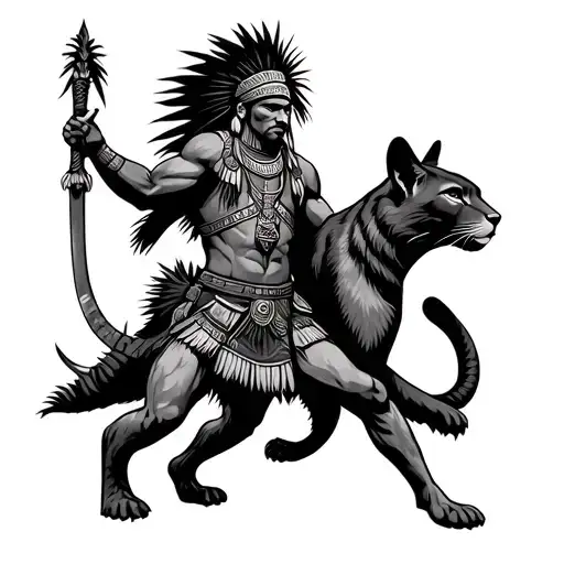 Inca warrior holding its weapon. fighting alongside a puma  tattoo design idea