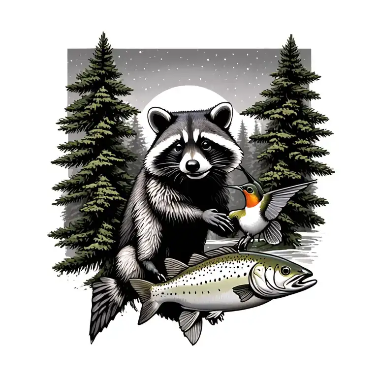 pinetree, raccoon, hummingbird, trout jumping tattoo design idea