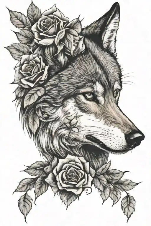 wolf and roses on black background  tattoo design idea