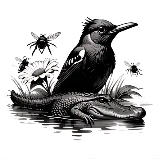 mockingbird with bees and Mississippi state flower and a alligator in a swamp  tattoo design idea
