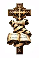 three dimensional eastern orthodox cross wrapped with scrolls bearing scripture.  tattoo design idea