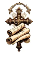 three dimensional eastern orthodox cross wrapped with scrolls bearing scripture.  tattoo design idea