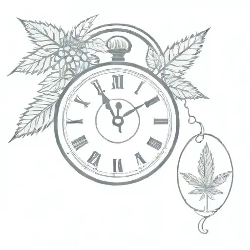 old fashioned round clock with the bells on top with the hands at 4:20 with a marijuana cigarette and marijuana leafs tattoo design idea