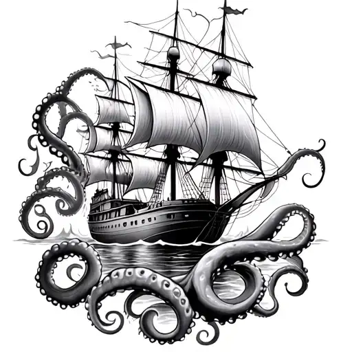 sea floor octopus wrapping tentacles around sailing ship tattoo design idea